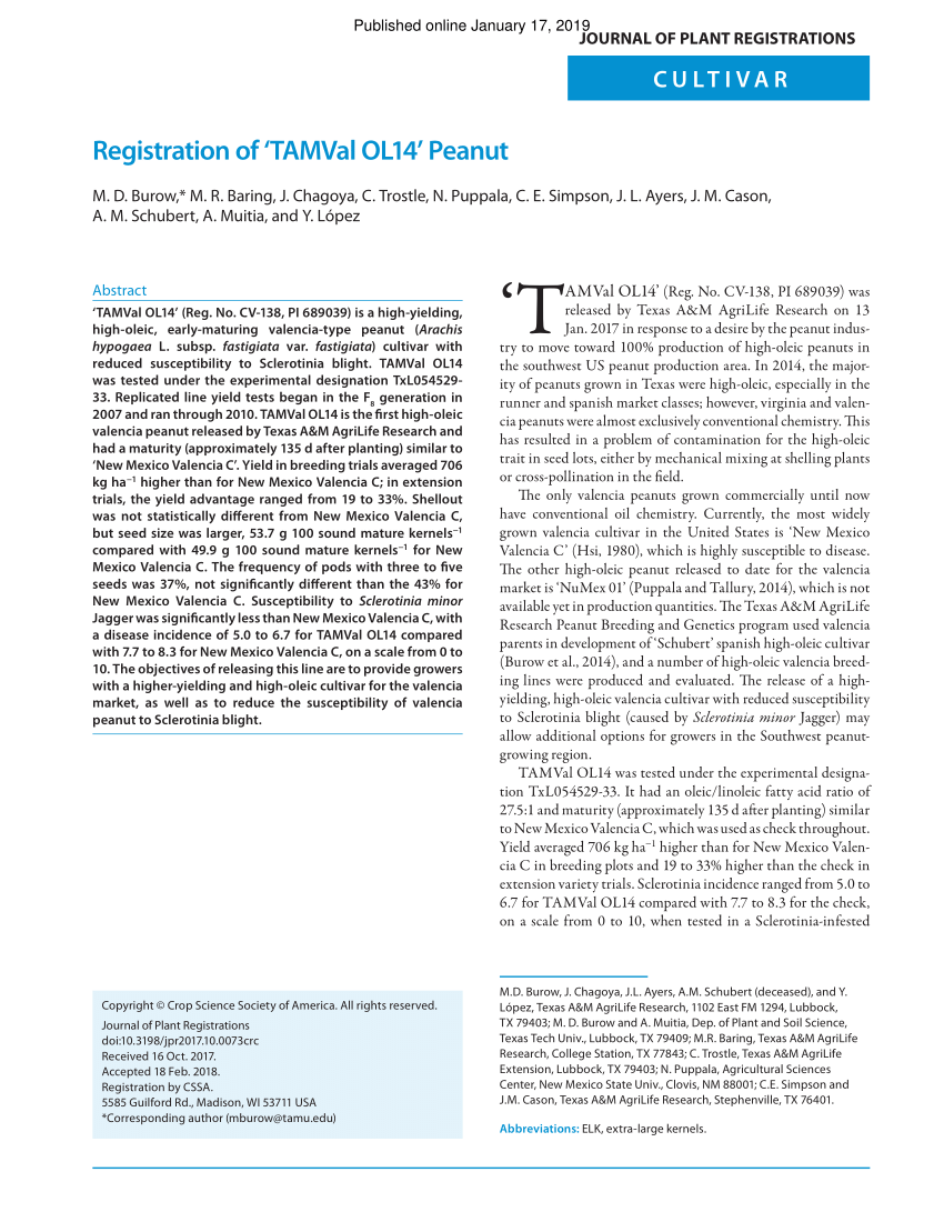 Pdf Registration Of Tamval Ol14 Peanut