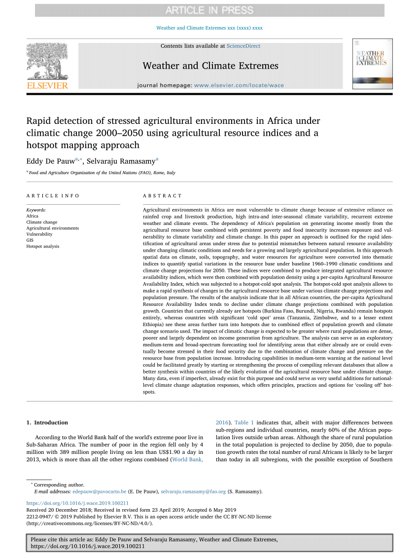 Pdf Rapid Detection Of Stressed Agricultural Environments In Africa Under Climatic Change 00 50 Using Agricultural Resource Indices And A Hotspot Mapping Approach