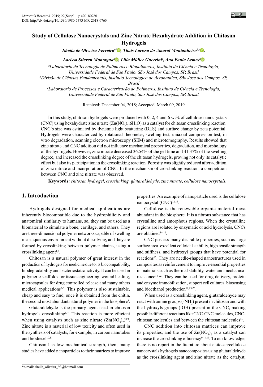 PDF) Hidrogéis a base de ácido hialurônico e quitosana para engenharia de  tecido cartilaginoso