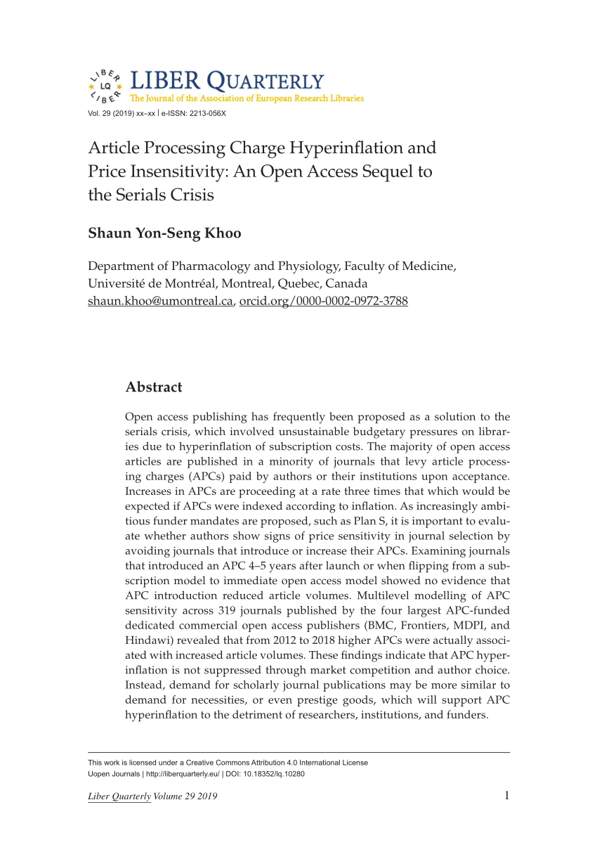 Pdf Article Processing Charge Hyperinflation And Price Insensitivity An Open Access Sequel To The Serials Crisis