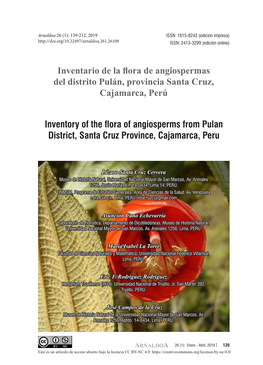 PDF) Inventario de la flora de angiospermas del distrito Pulán, provincia  Santa Cruz, Cajamarca, Perú
