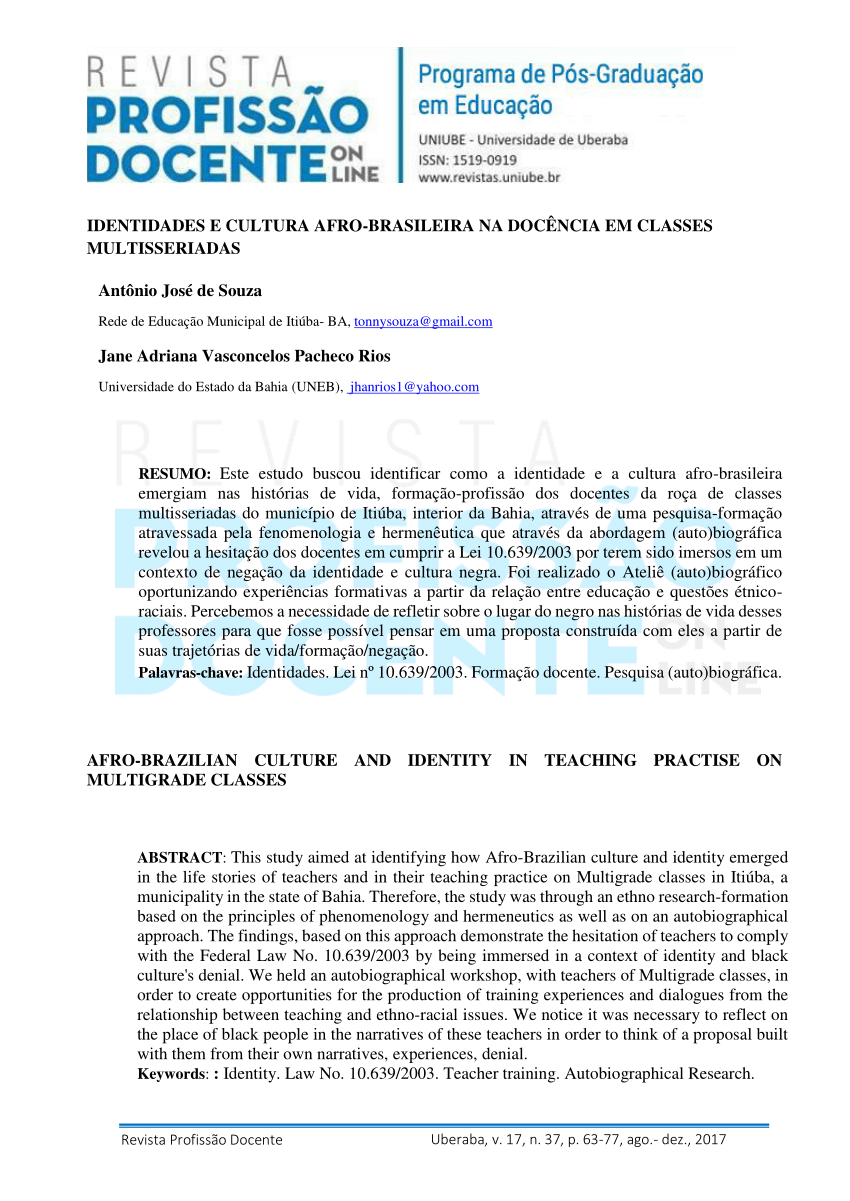 PDF IDENTIDADES E CULTURA AFRO BRASILEIRA NA DOCÊNCIA EM CLASSES MULTISSERIADAS