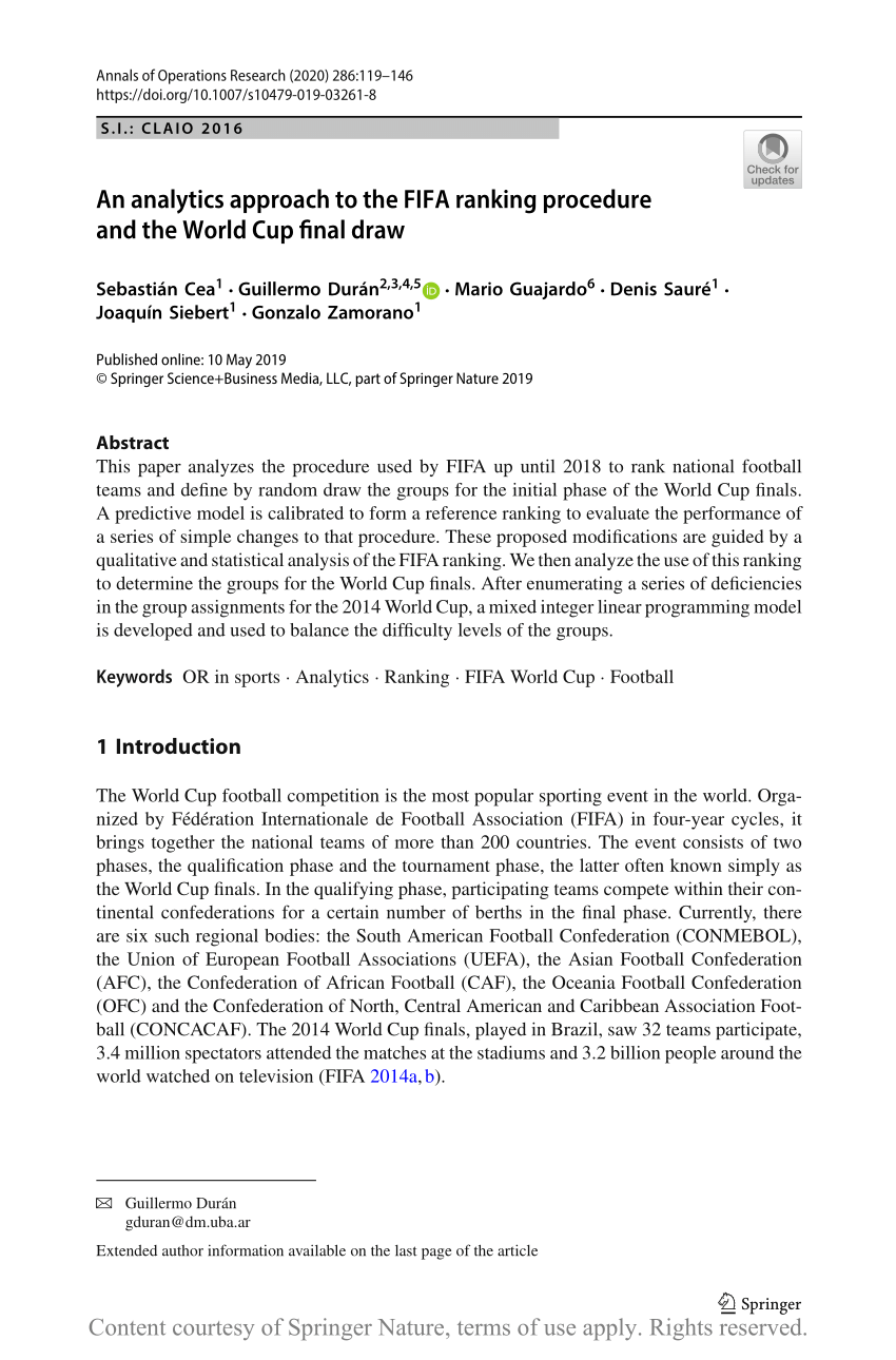 An Analytics Approach To The Fifa Ranking Procedure And The World Cup Final Draw Request Pdf