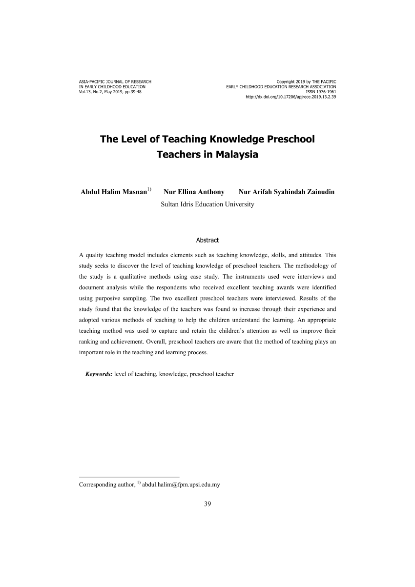 Pdf Asia Pacific Journal Of Research The Level Of Teaching Knowledge Preschool Teachers In Malaysia