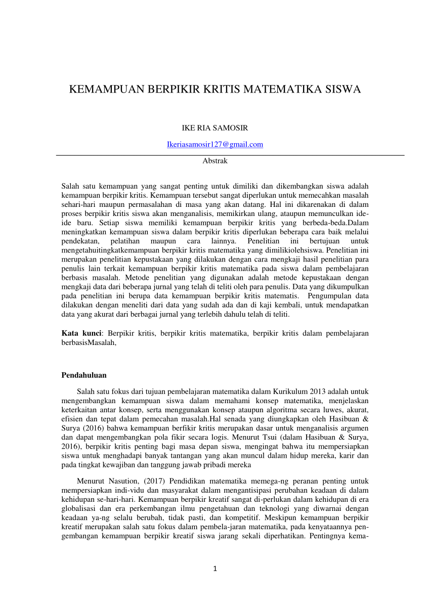 Pdf Kemampuan Berpikir Kritis Matematika Siswa