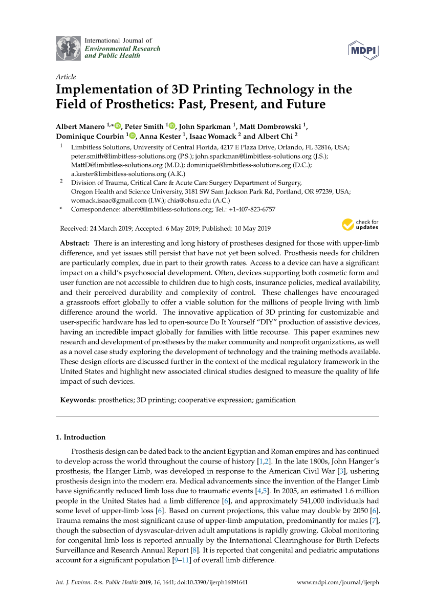 Pdf Implementation Of 3d Printing Technology In The Field Of Prosthetics Past Present And Future