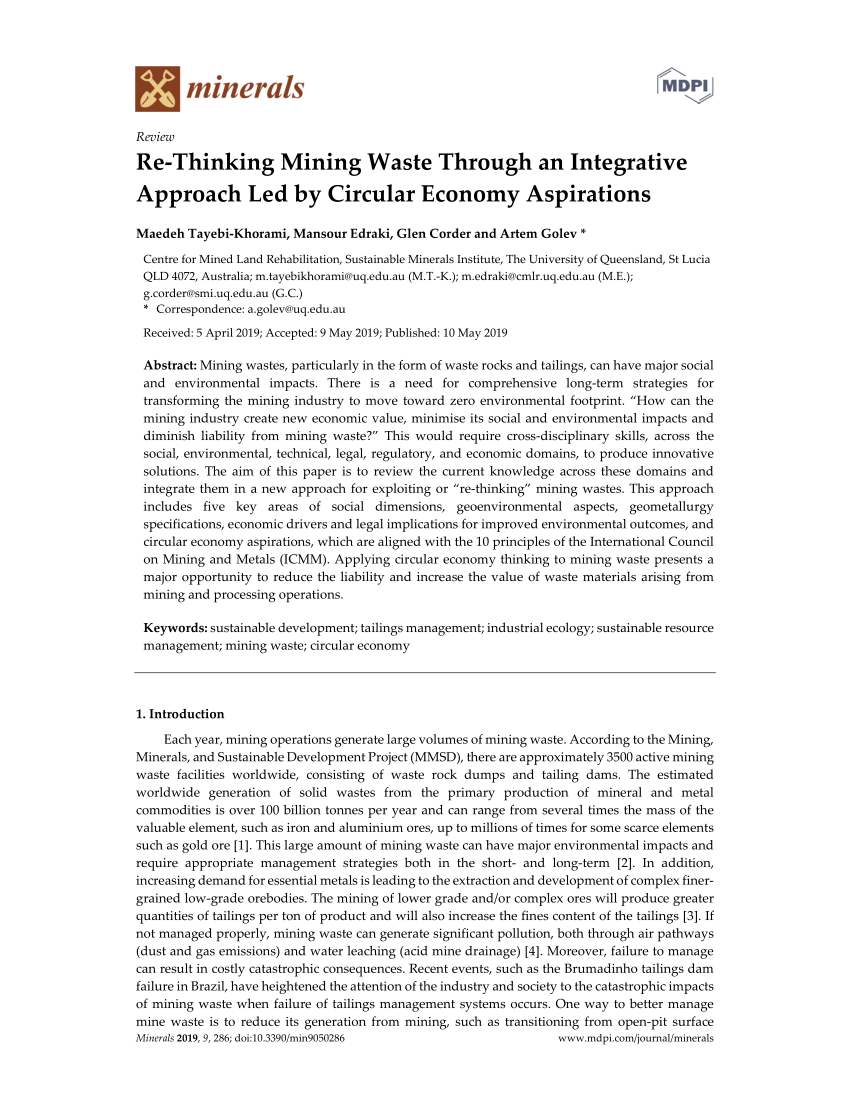 Pdf Re Thinking Mining Waste Through An Integrative Approach Led By Circular Economy Aspirations