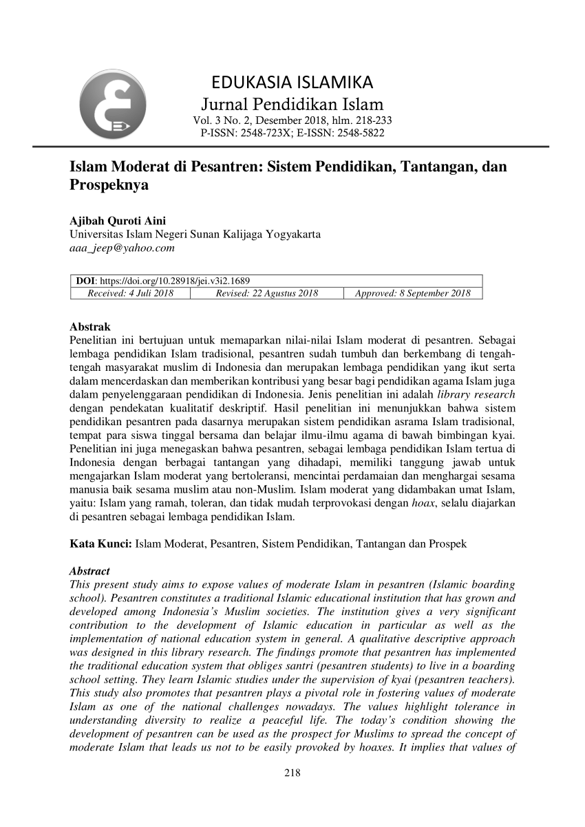 Pdf Islam Moderat Di Pesantren Sistem Pendidikan Tantangan Dan Prospeknya