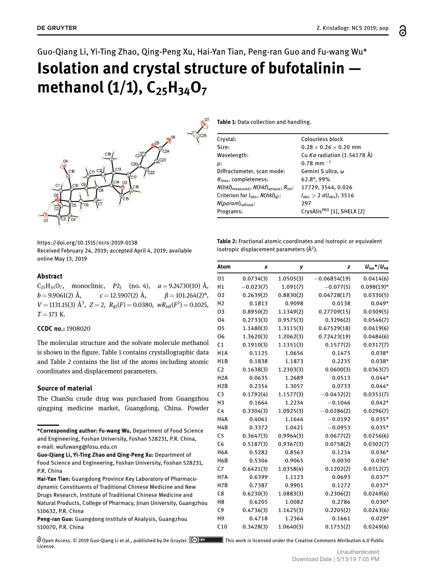Pdf Isolation And Crystal Structure Of Bufotalinin Methanol 1 1 C25h34o7