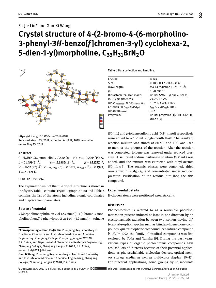 Pdf Crystal Structure Of 4 2 Bromo 4 6 Morpholino 3 Phenyl 3h Benzo F Chromen 3 Yl Cyclohexa 2 5 Dien 1 Yl Morpholine C33h31brn2o