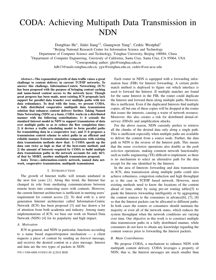 Pdf Coda Achieving Multipath Data Transmission In Ndn