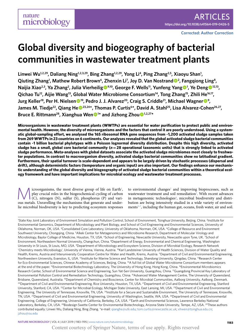 Global Diversity And Biogeography Of Bacterial Communities In Wastewater Treatment Plants Request Pdf