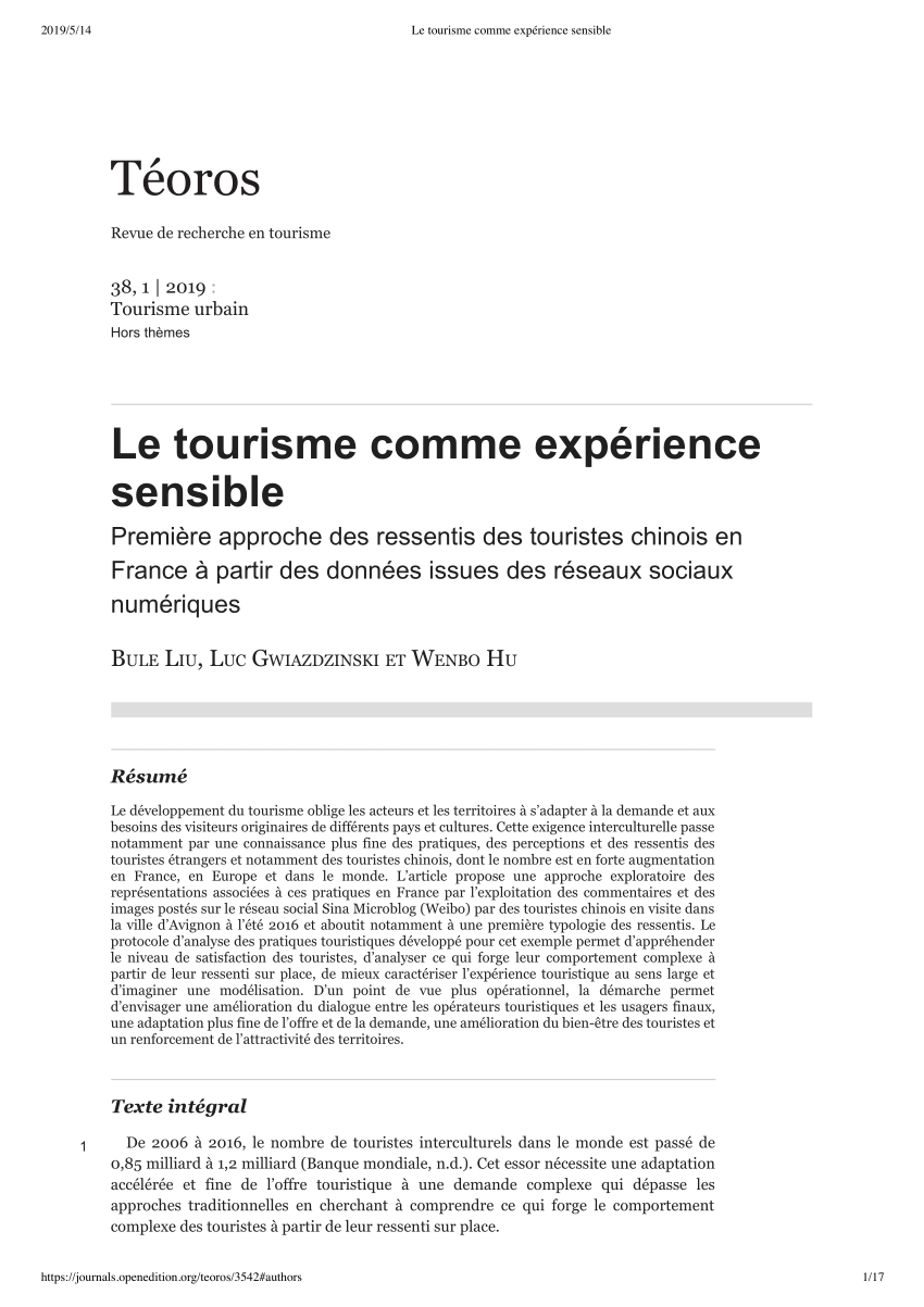 Pdf Le Tourisme Comme Experience Sensible