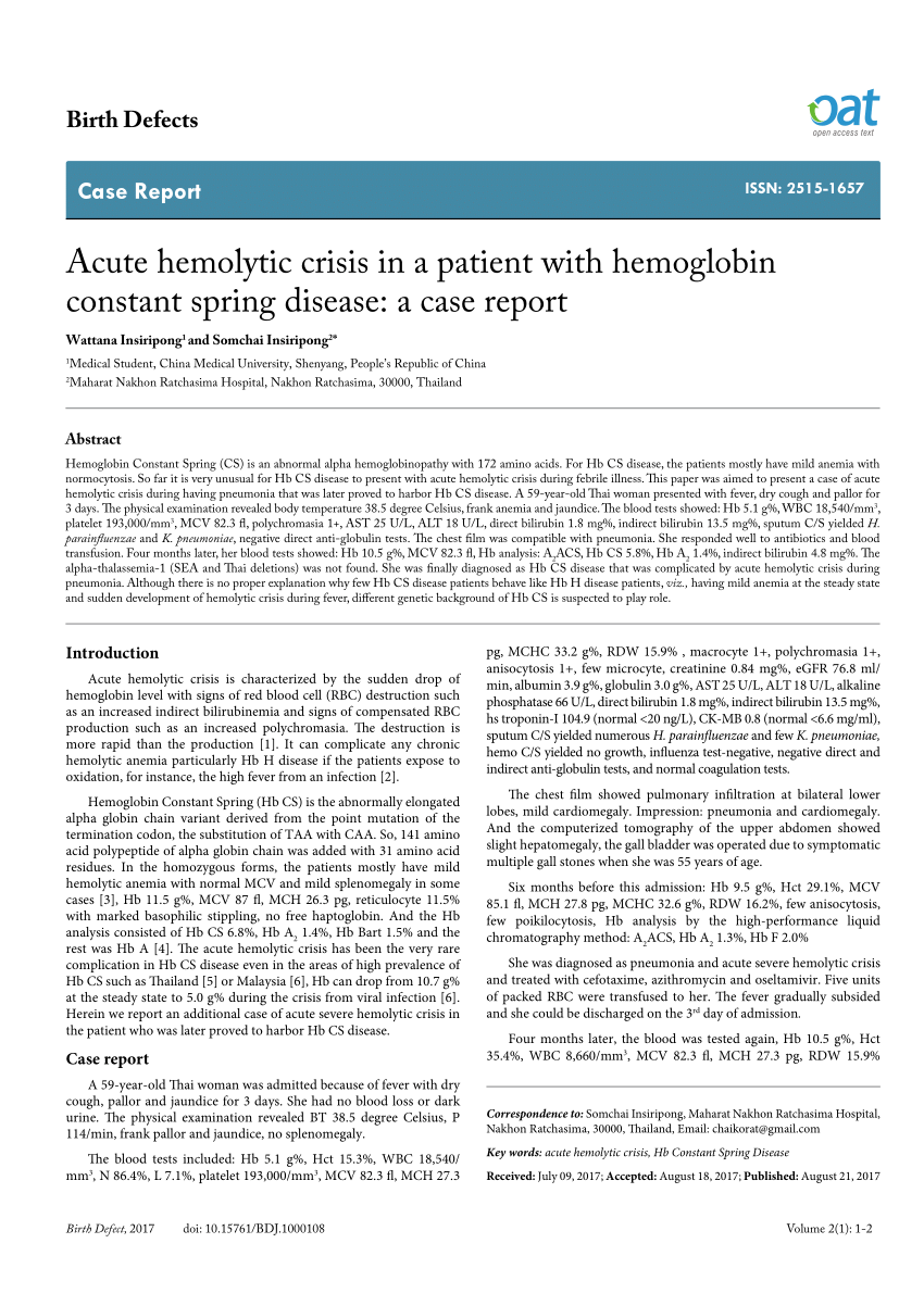Pdf Acute Hemolytic Crisis In A Patient With Hemoglobin Constant Spring Disease A Case Report
