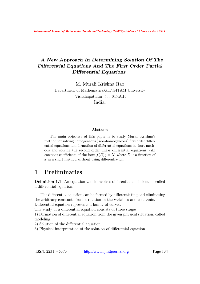 Pdf A New Approach In Determining Solution Of The Differential Equations And The First Order Partial Differential Equations