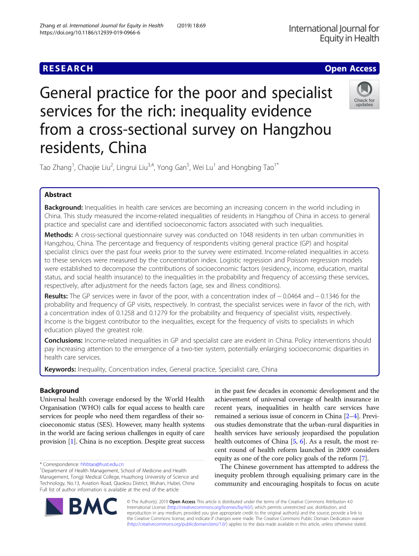 PDF) General practice for the poor and specialist services for the rich:  Inequality evidence from a cross-sectional survey on Hangzhou residents,  China