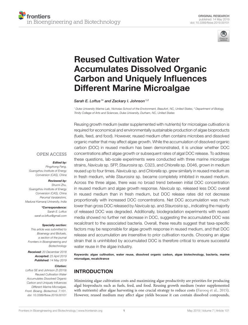 PDF) Reused Cultivation Water Accumulates Dissolved Organic Carbon and  Uniquely Influences Different Marine Microalgae