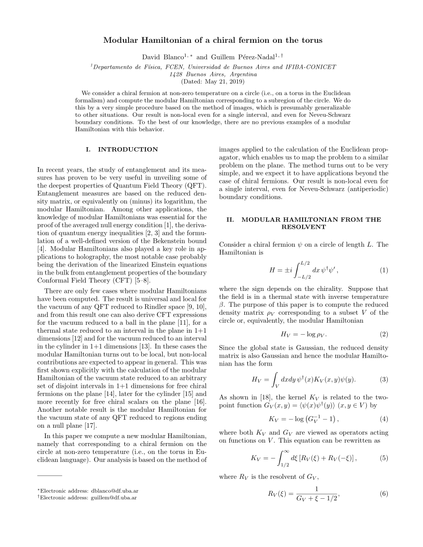 (PDF) Modular Hamiltonian of a chiral fermion on the torus