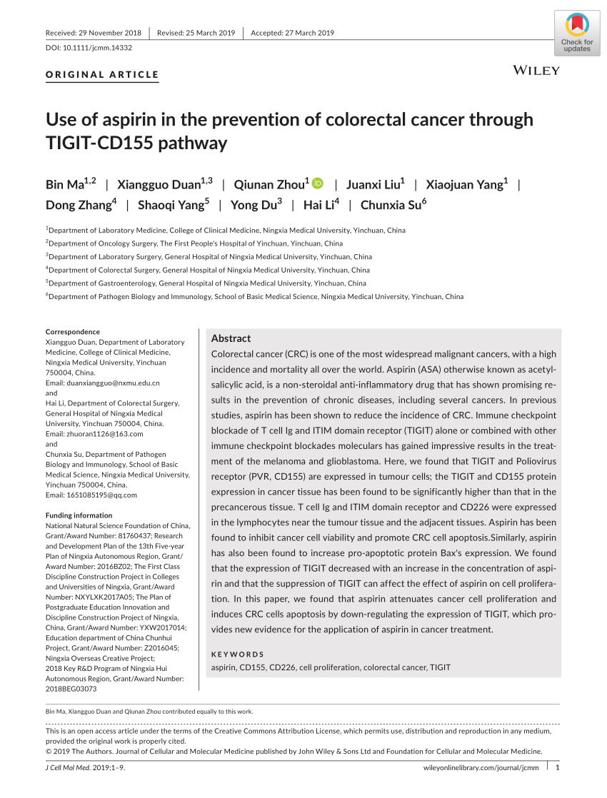 Pdf Use Of Aspirin In The Prevention Of Colorectal Cancer Through