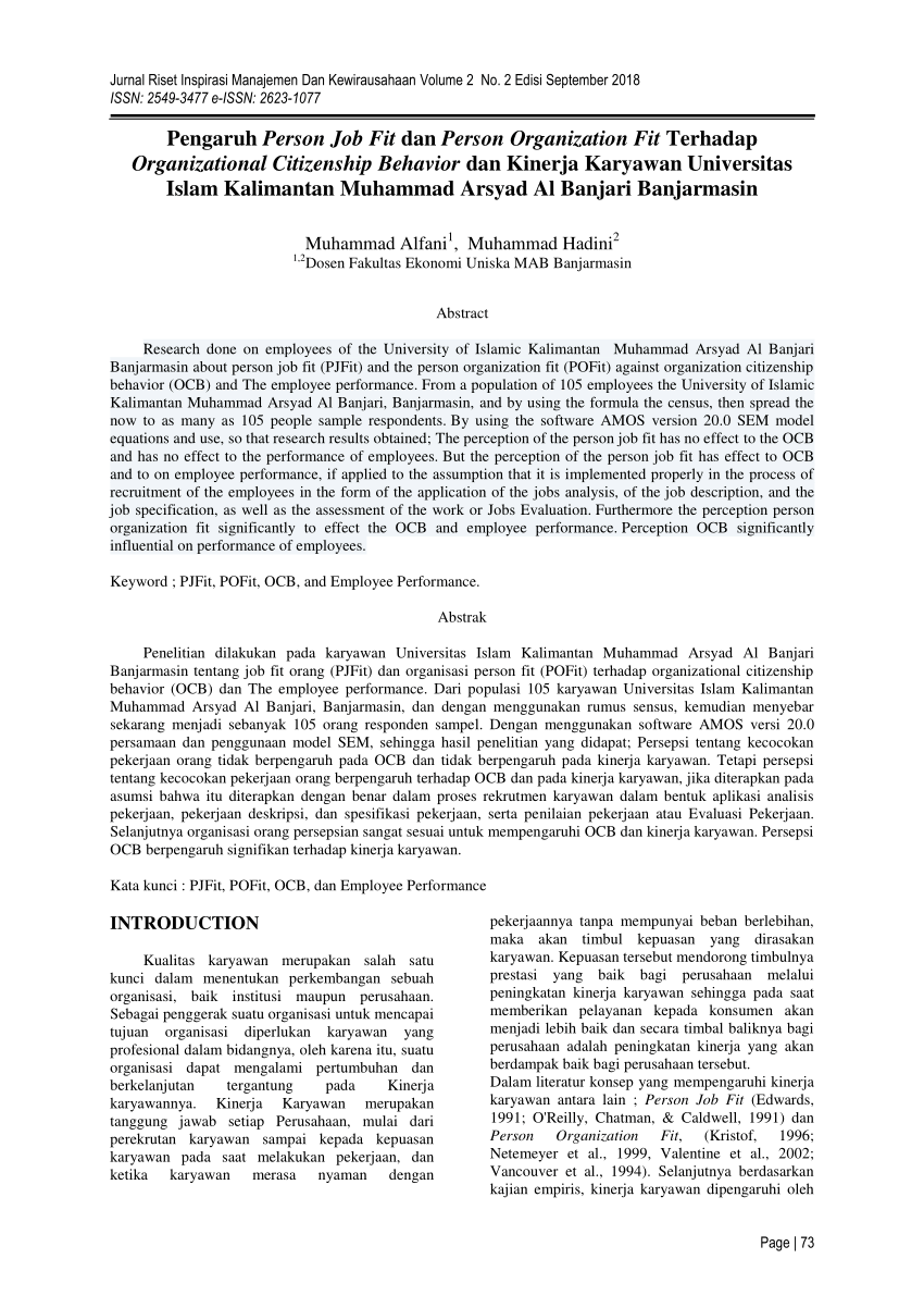 Pdf Pengaruh Person Job Fit Dan Person Organization Fit Terhadap Organizational Citizenship Behavior Dan Kinerja Karyawan Universitas Islam Kalimantan Muhammad Arsyad Al Banjari Banjarmasin