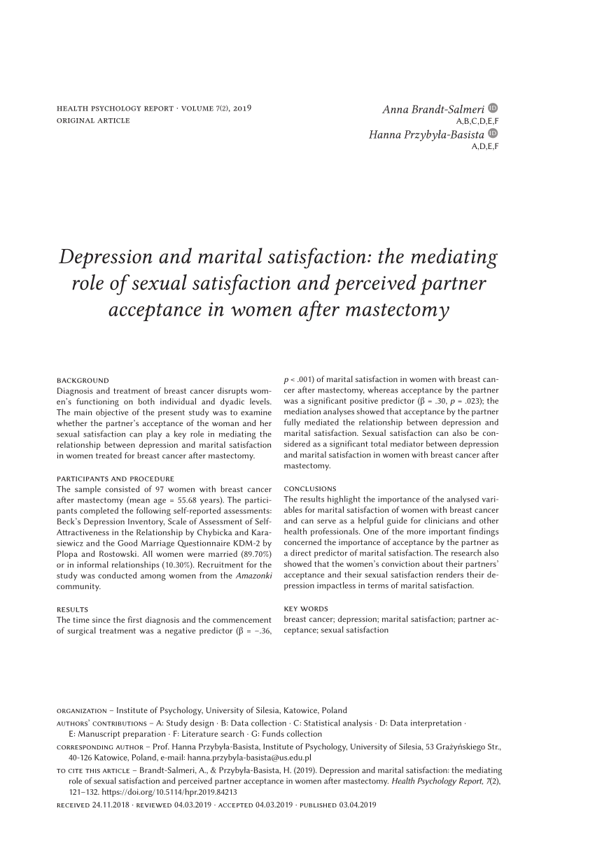 Pdf Depression And Marital Satisfaction The Mediating Role Of Sexual Satisfaction And Perceived Partner Acceptance In Women After Mastectomy