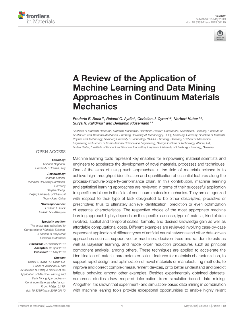 Pdf A Review Of The Application Of Machine Learning And Data Mining Approaches In Continuum Materials Mechanics
