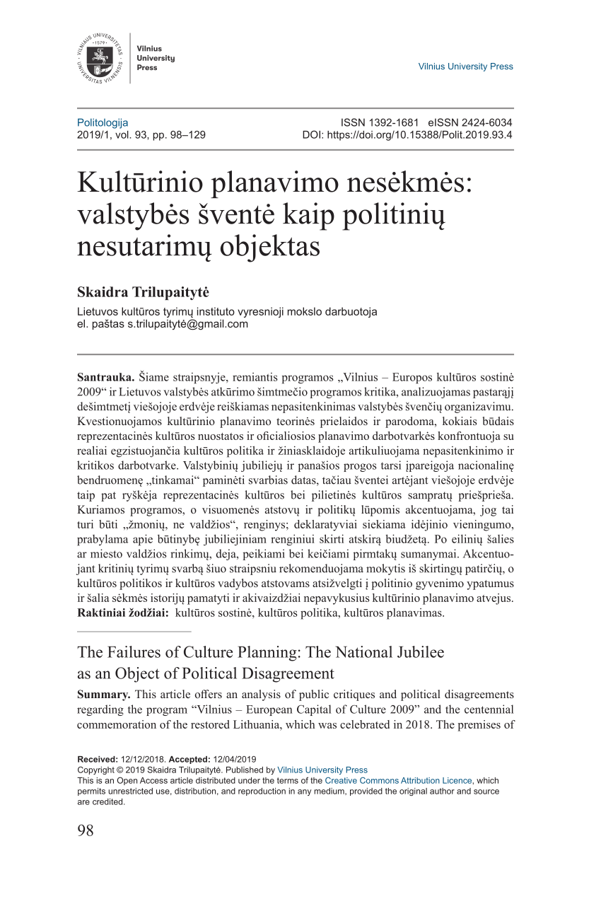 Pdf Kulturinio Planavimo Nesėkmės Valstybės Sventė Kaip Politinių Nesutarimų Objektas