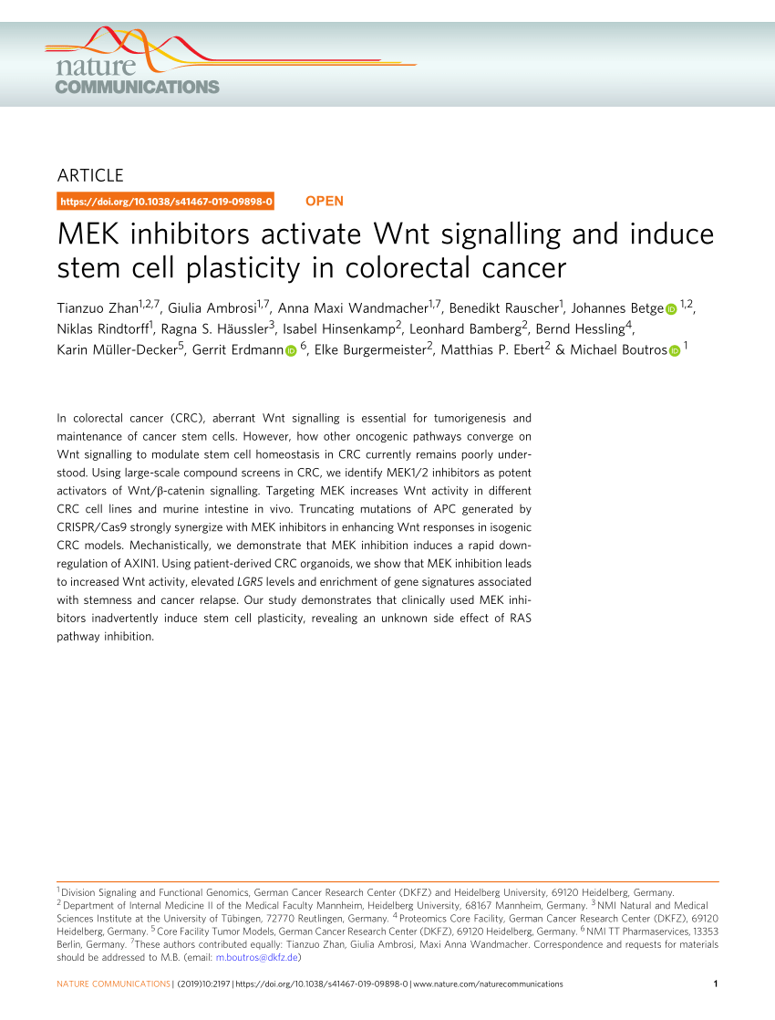 Pdf Mek Inhibitors Activate Wnt Signalling And Induce Stem Cell Plasticity In Colorectal Cancer