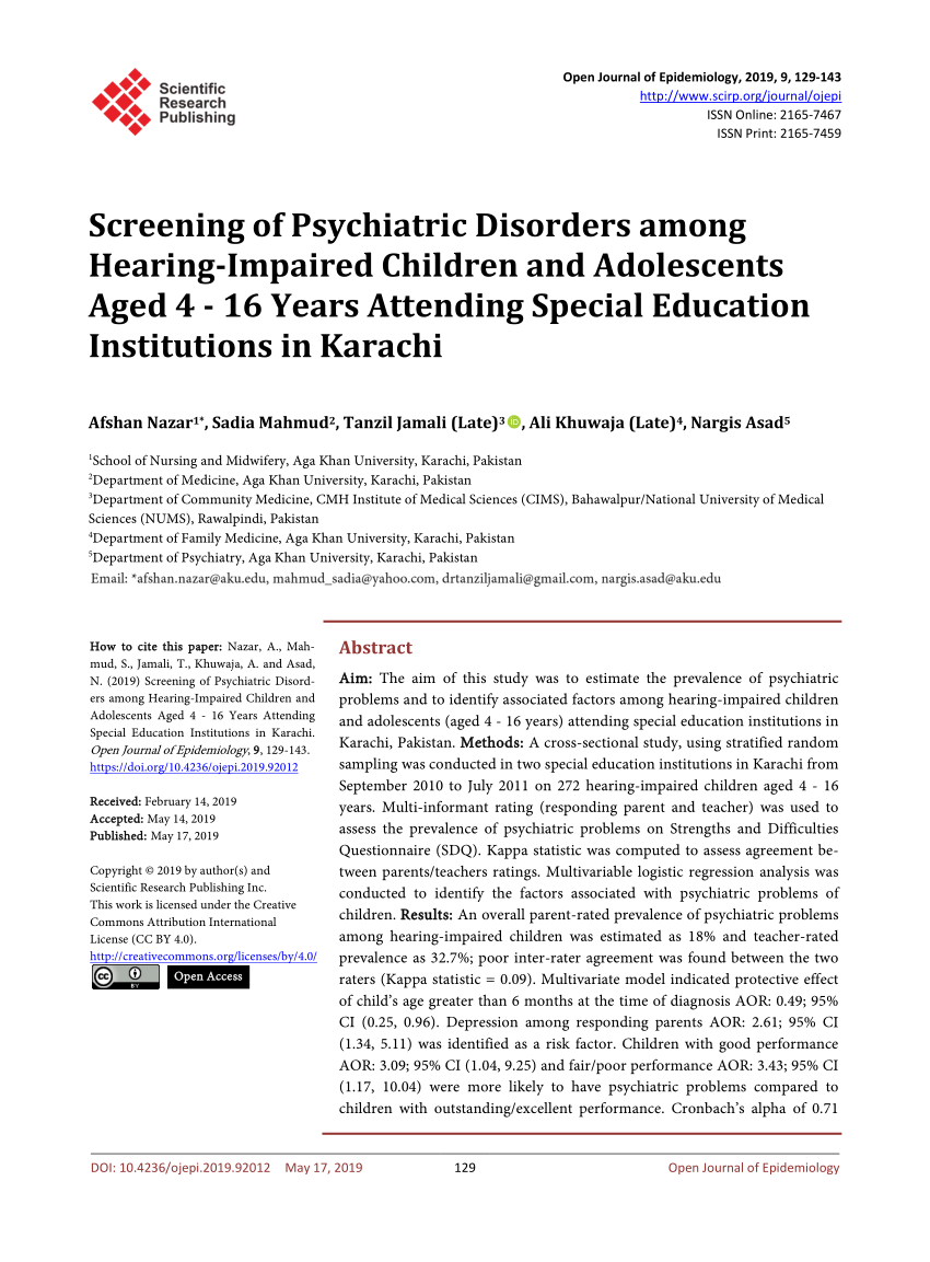 Pdf Screening Of Psychiatric Disorders Among Hearing Impaired
