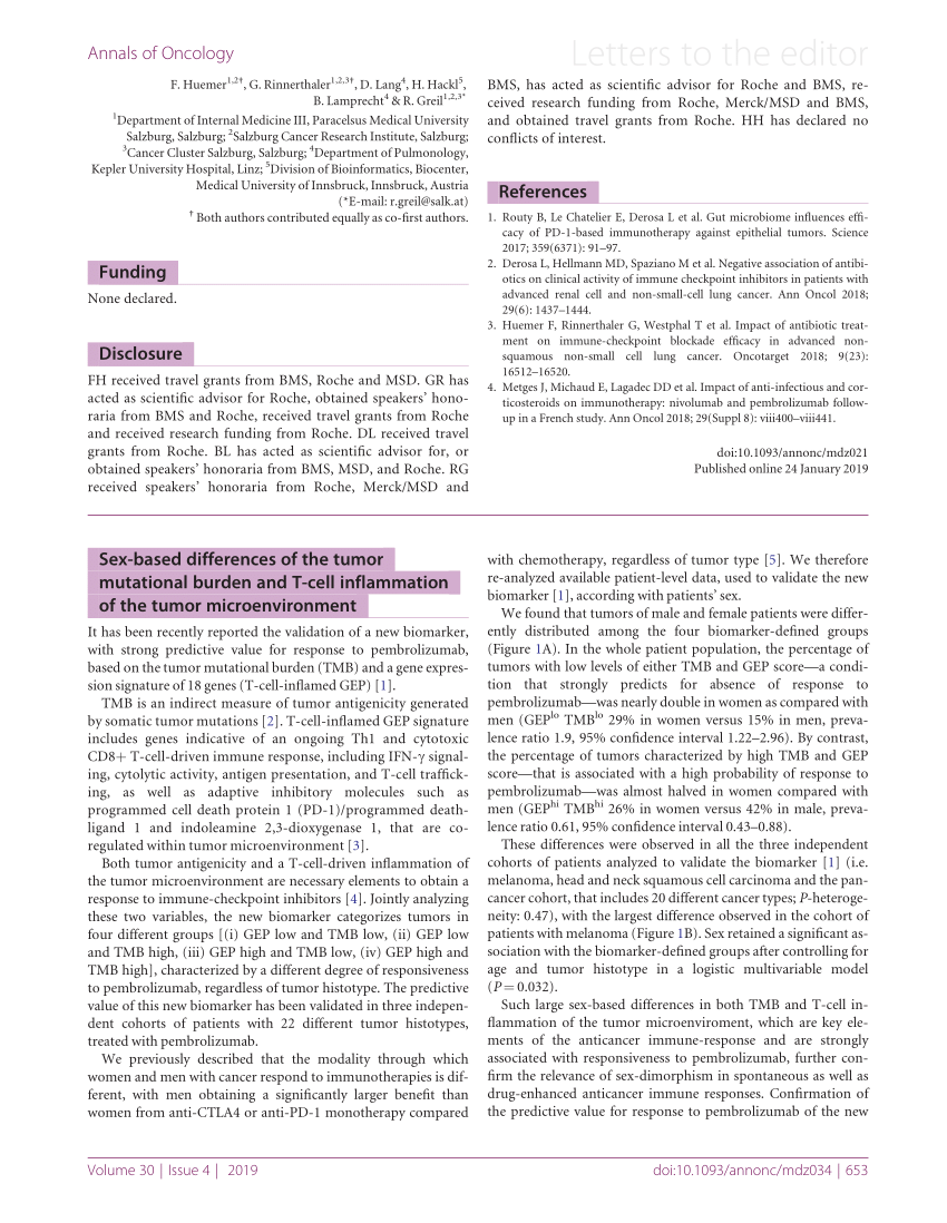 Pdf Sex Based Differences Of The Tumor Mutational Burden And T Cell Inflammation Of The Tumor