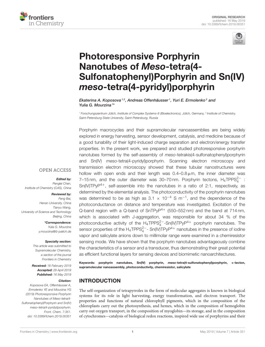 Pdf Photoresponsive Porphyrin Nanotubes Of Meso Tetra 4 Sulfonatophenyl Porphyrin And Sn Iv Meso Tetra 4 Pyridyl Porphyrinimage 1 Pdf