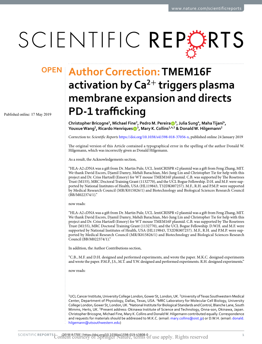 Pdf Author Correction Tmem16f Activation By Ca 2 Triggers Plasma Membrane Expansion And Directs Pd 1 Trafficking