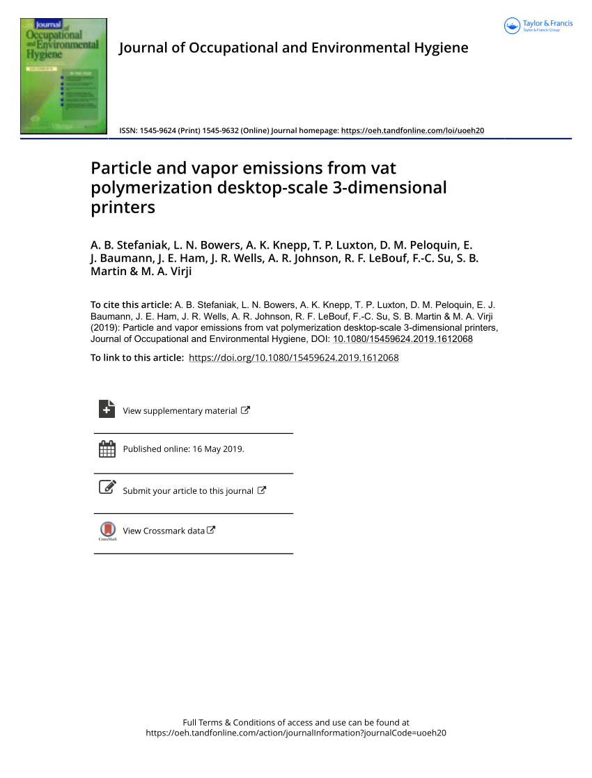 Pdf Particle And Vapor Emissions From Vat Polymerization Desktop Scale 3 Dimensional Printers