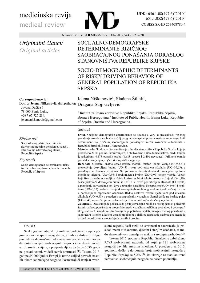 Pdf Socijalno Demografske Determinante Rizicnog Saobracajnog Ponasanja Odraslog Stanovnistva Republike Srpske