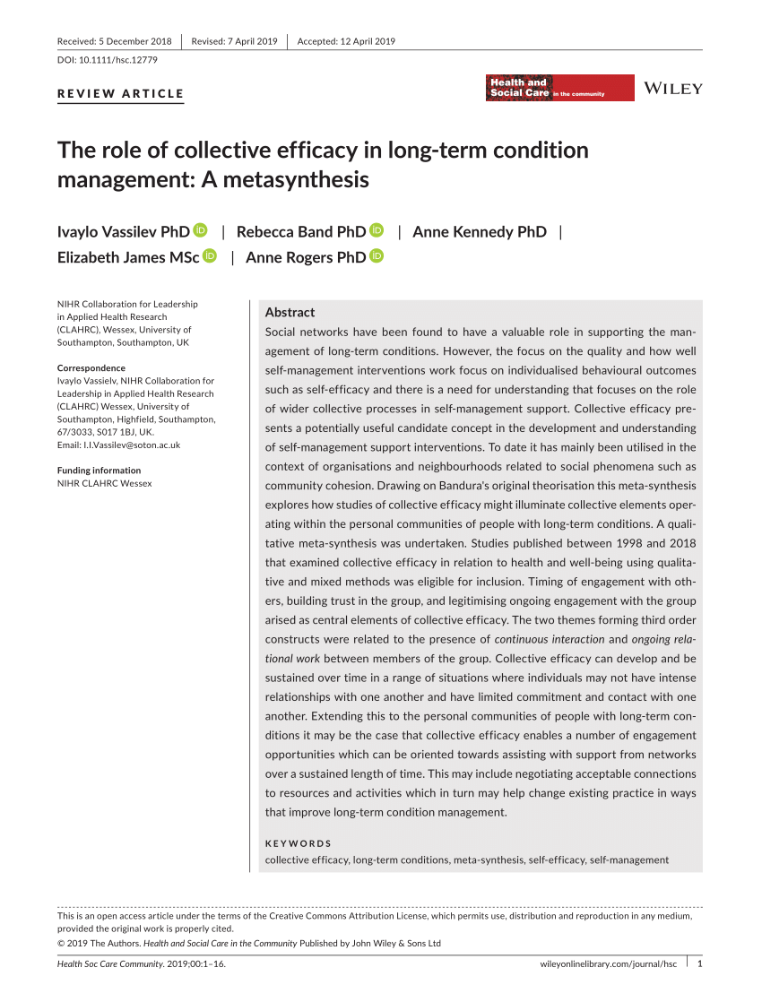 Pdf The Role Of Collective Efficacy In Long Term Condition