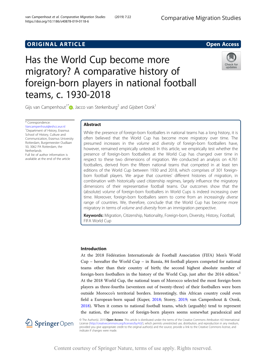 Pdf Has The World Cup Become More Migratory A Comparative History Of Foreign Born Players In National Football Teams C 1930 18