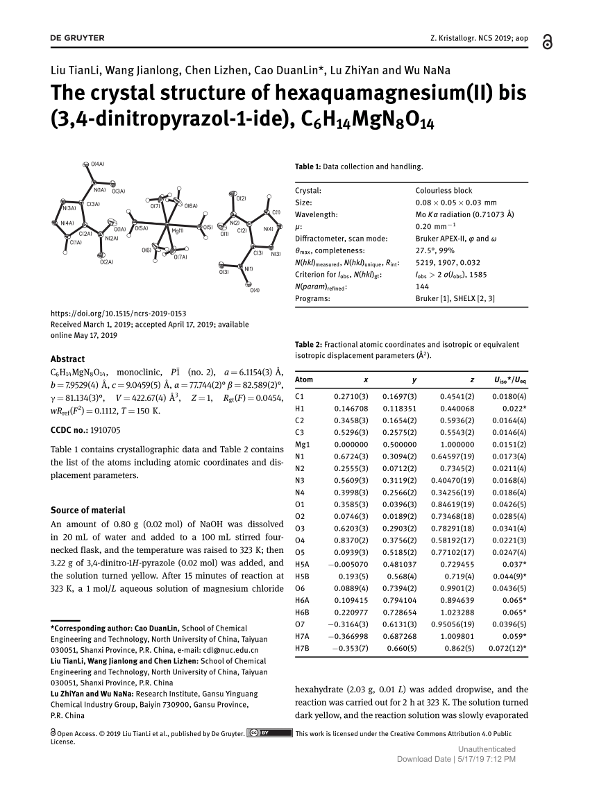 Pdf The Crystal Structure Of Hexaquamagnesium Ii Bis 3 4 Dinitropyrazol 1 Ide C6h14mgn8o14