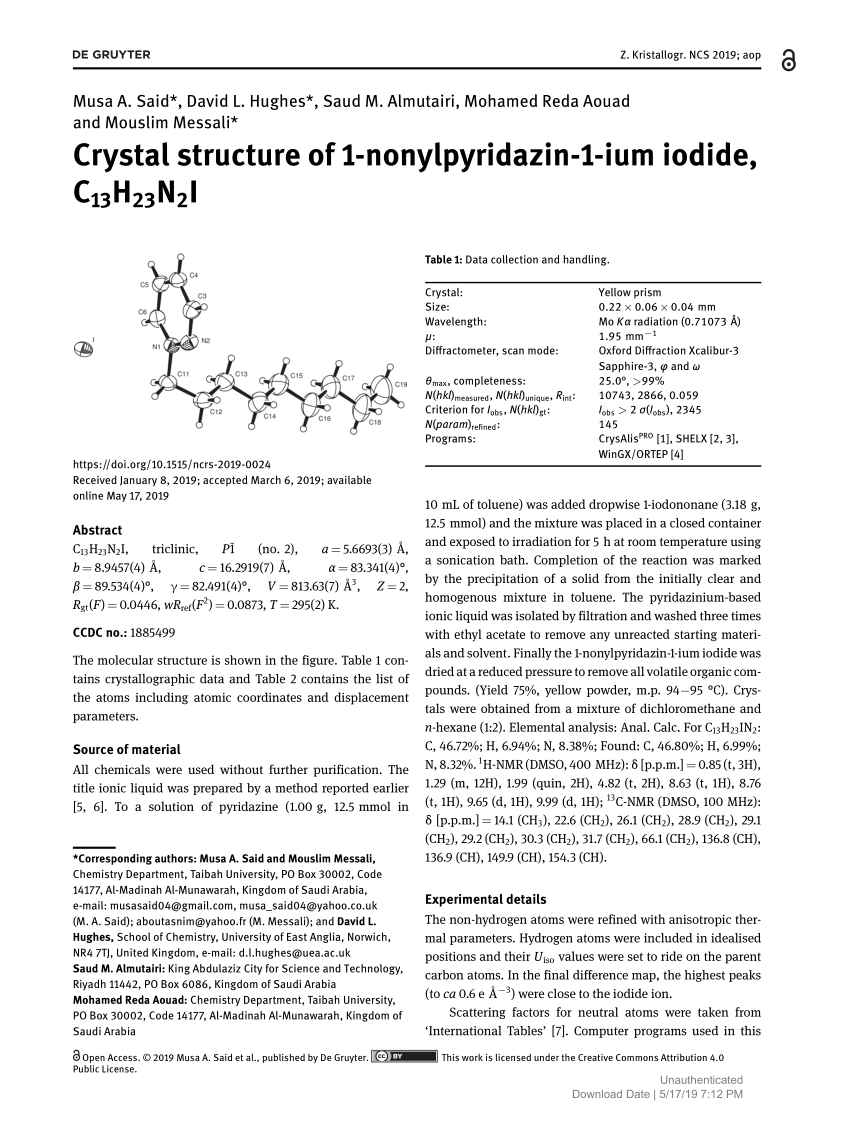 Pdf Crystal Structure Of 1 Nonylpyridazin 1 Ium Iodide C13h23n2i