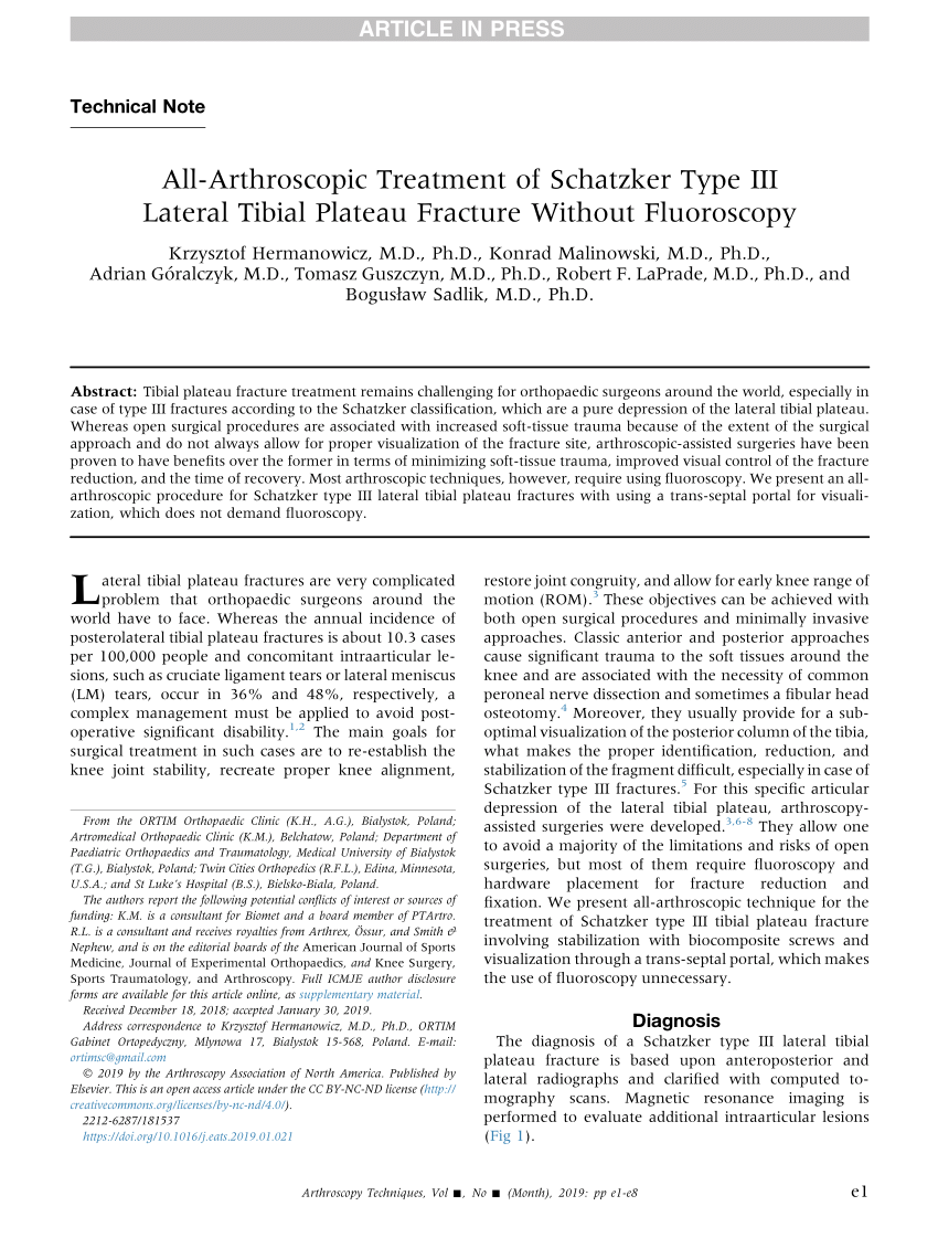 Pdf All Arthroscopic Treatment Of Schatzker Type Iii Lateral Tibial Plateau Fracture Without 4240