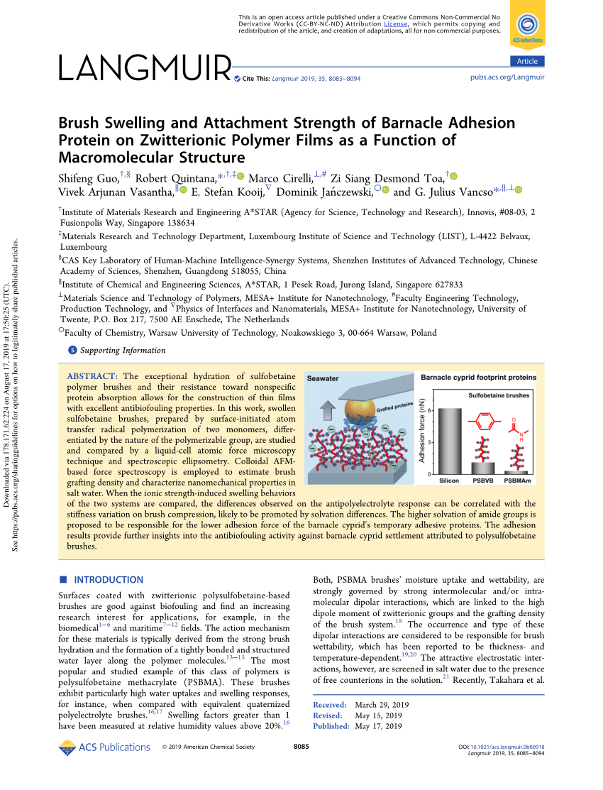Pdf Brush Swelling And Attachment Strength Of Barnacle Adhesion Protein On Zwitterionic Polymer Films As A Function Of Macromolecular Structure