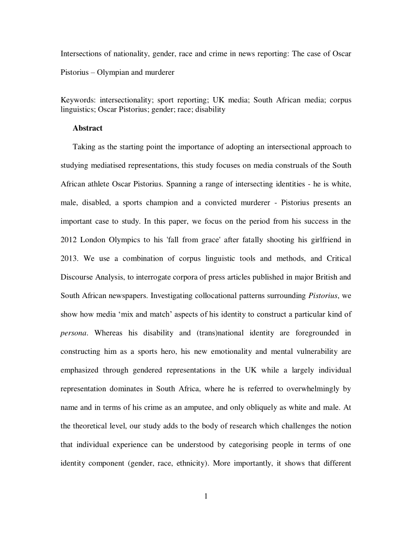 Pdf Intersections Of Nationality Gender Race And Crime In News Reporting The Case Of Oscar Pistorius Olympian And Murderer