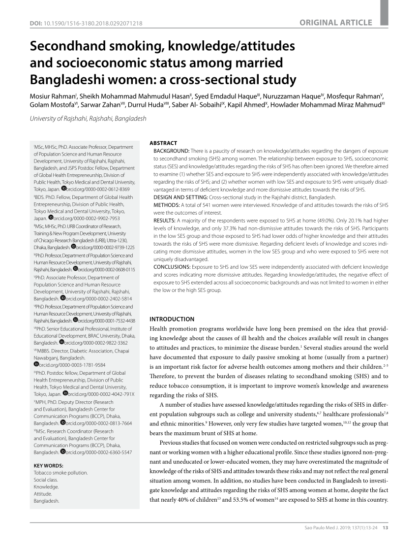 PDF) Secondhand smoking, knowledge/attitudes and socioeconomic status among married Bangladeshi women a cross-sectional study
