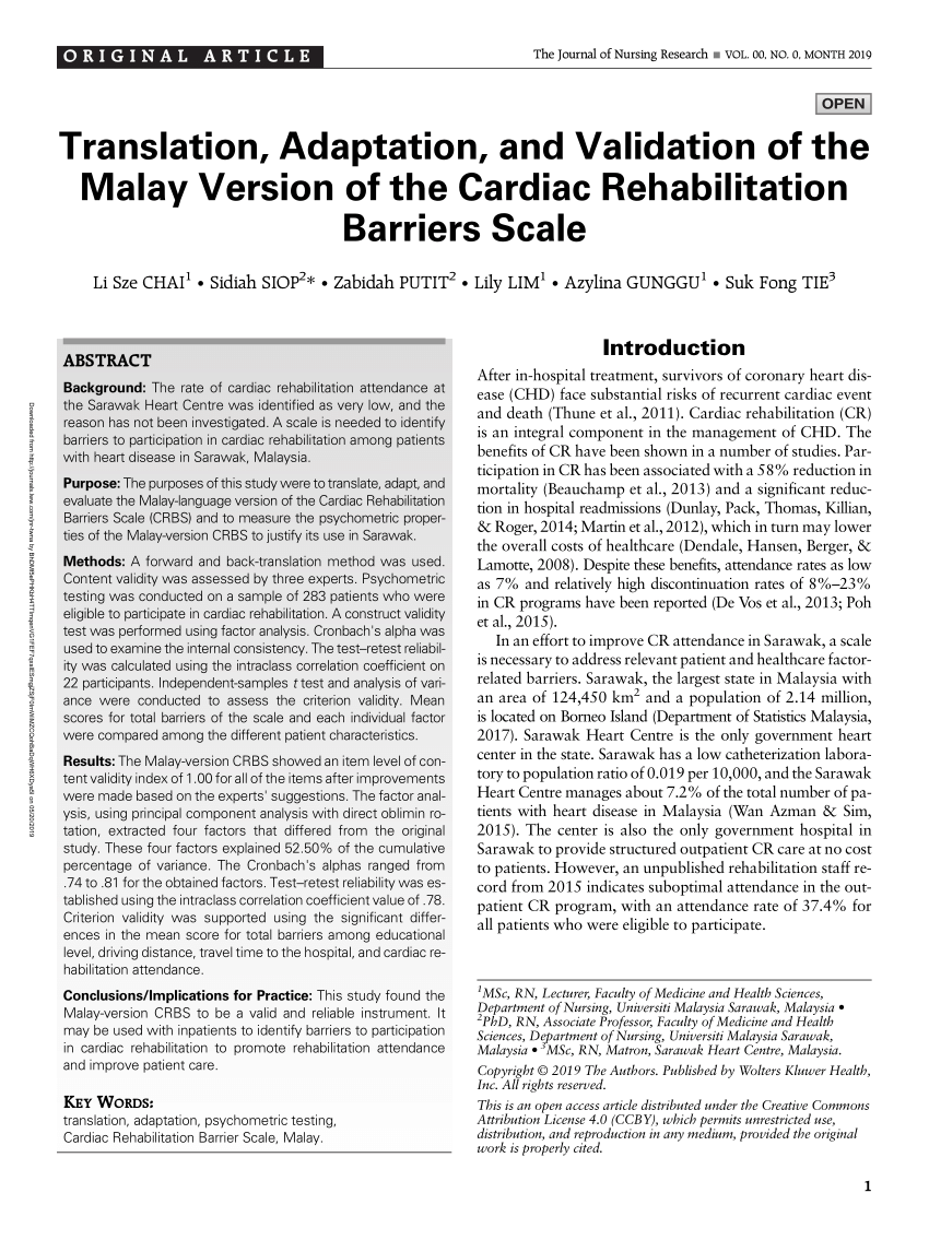 Pdf Translation Adaptation And Validation Of The Malay Version Of The Cardiac Rehabilitation Barriers Scale