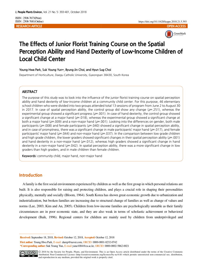 Pdf The Effects Of Junior Florist Training Course On The Spatial Perception Ability And Hand Dexterity Of Low Income Children Of Local Child Center