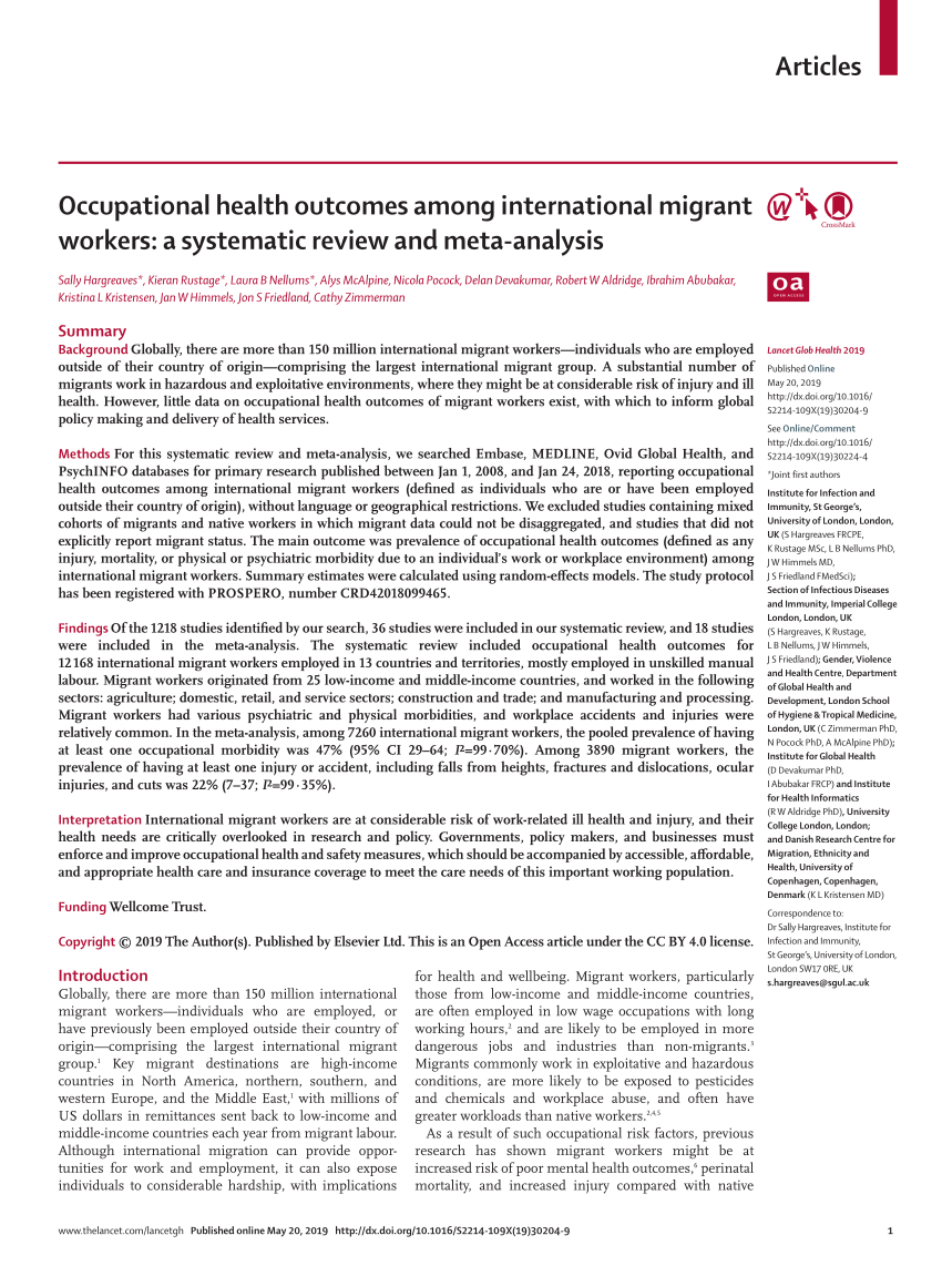 PDF) Occupational health outcomes among international migrant ...