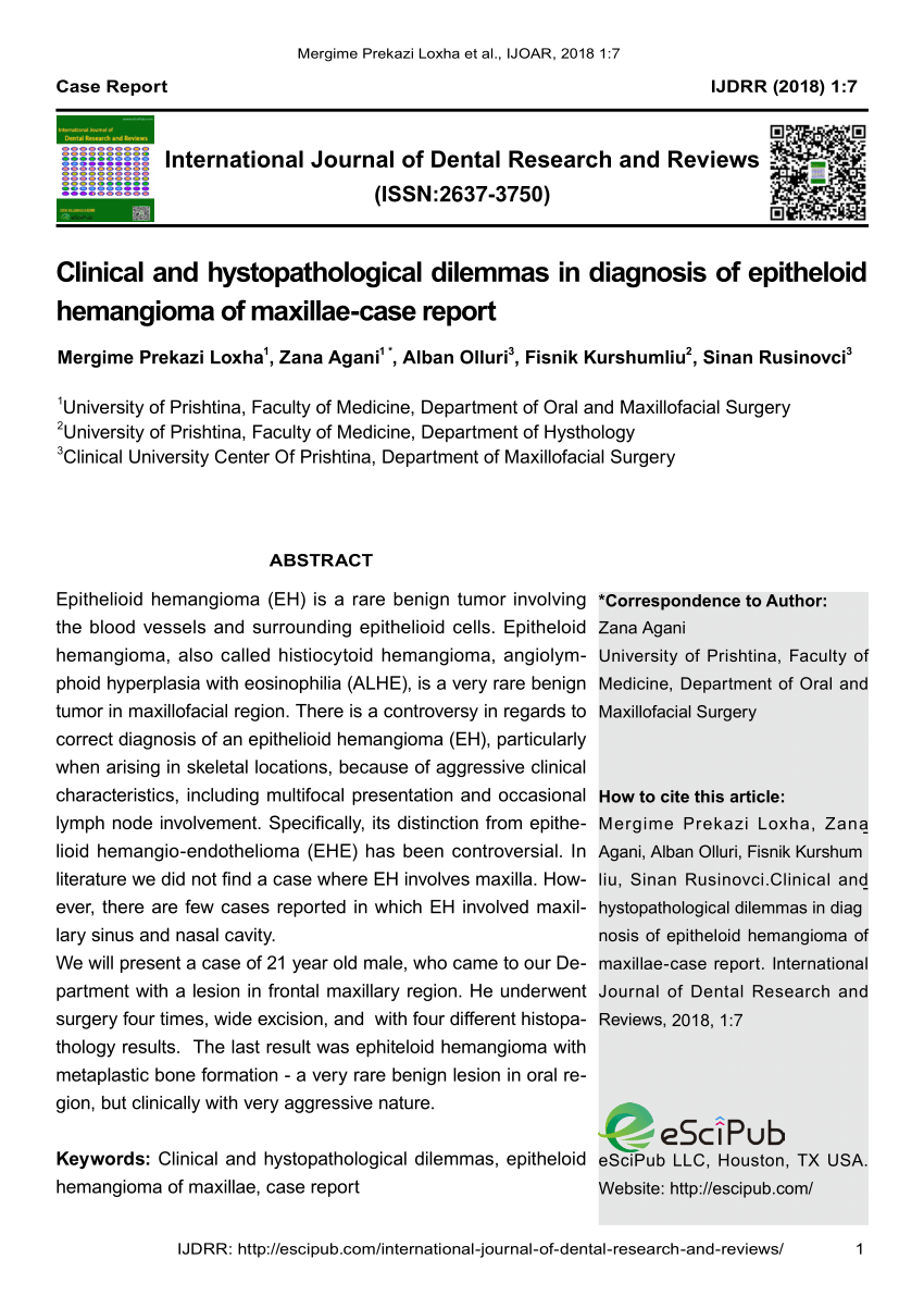 Pdf Clinical And Hystopathological Dilemmas In Diagnosis Of Epitheloid Hemangioma Of Maxillae Case Report