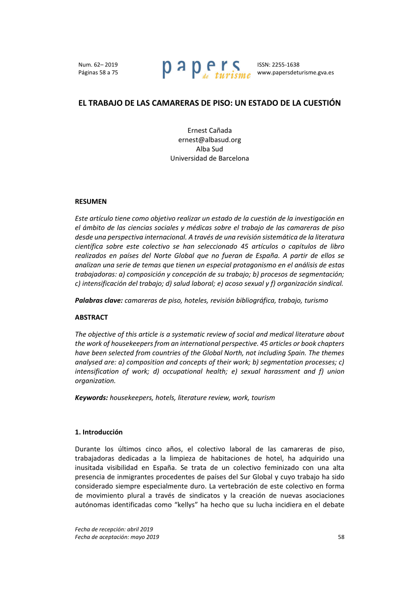 Viaje Multa Reciclar PDF) Cañada, E. (2019). El trabajo de las camareras de piso: un estado de  la cuestión. Papers de Turisme, 62, 67-84. ISSN: 2255-1638.