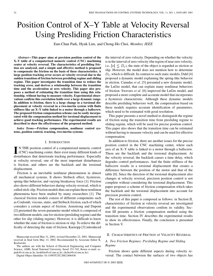Pdf Position Control Of X Y Table At Velocity Reversal Using Presliding Friction Characteristics