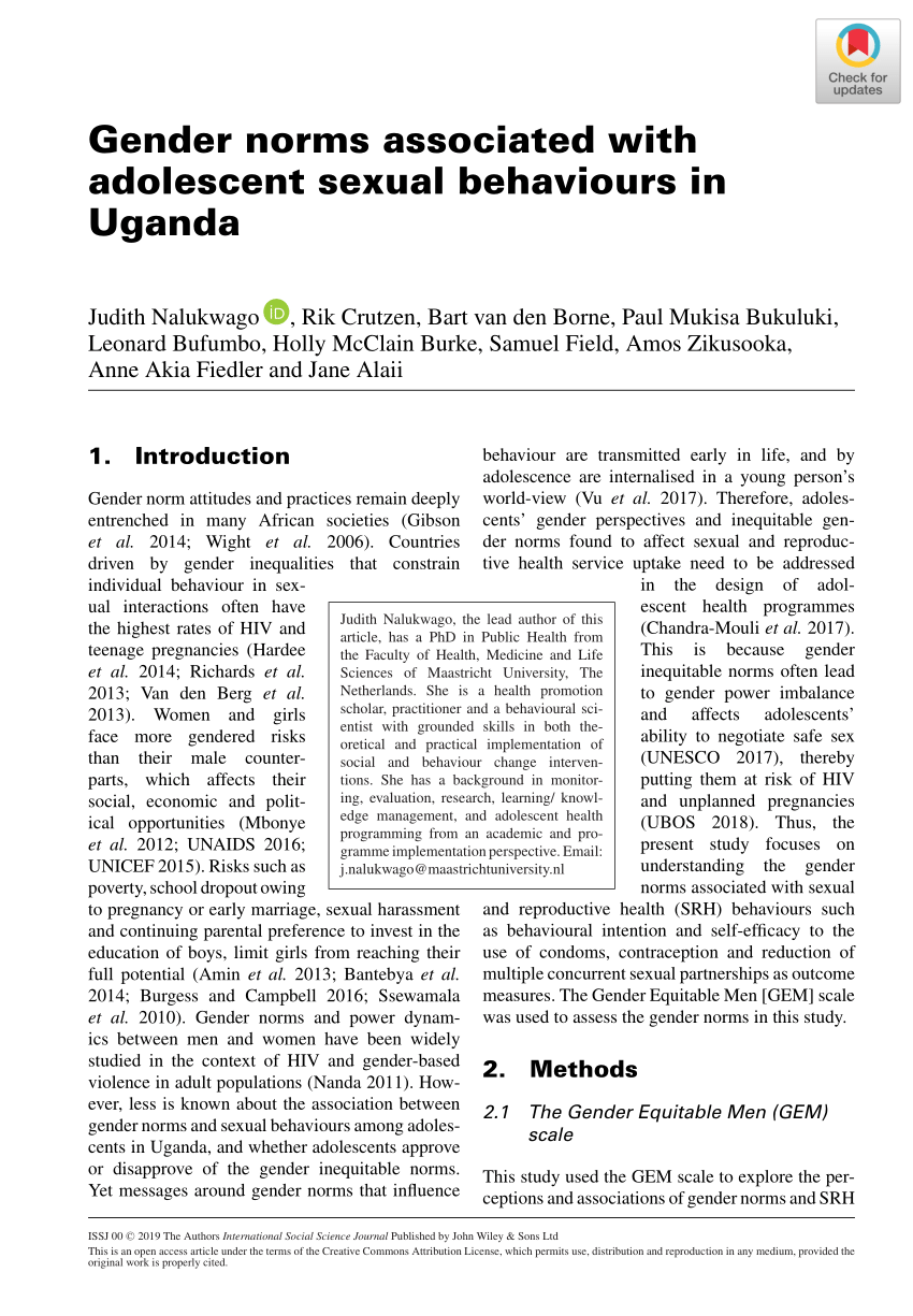 Pdf Gender Norms Associated With Adolescent Sexual Behaviours In Uganda 1212