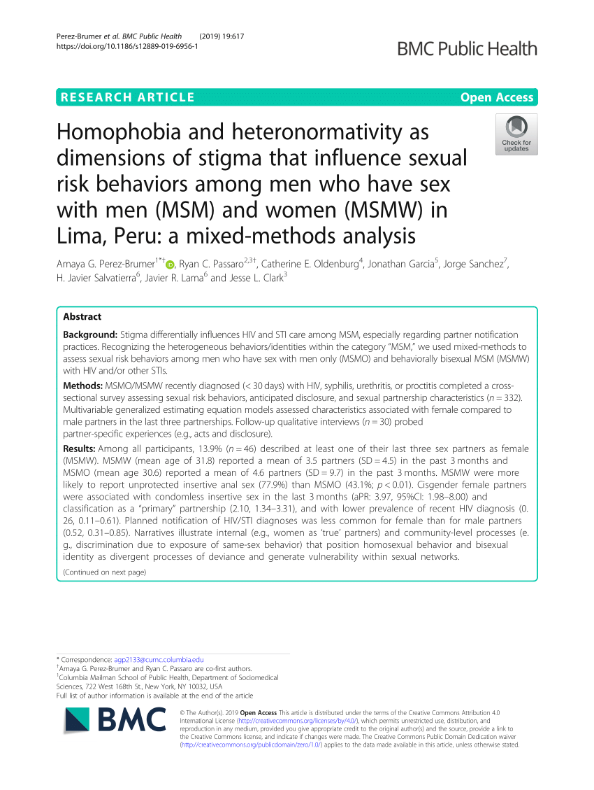 PDF) Homophobia and heteronormativity as dimensions of stigma that influence sexual risk behaviors among men who have sex with men (MSM) and women (MSMW) in Lima, Peru a mixed-methods analysis